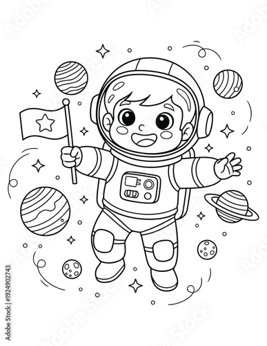 Astronaut character in space suit floats among planets for kids coloring book activity