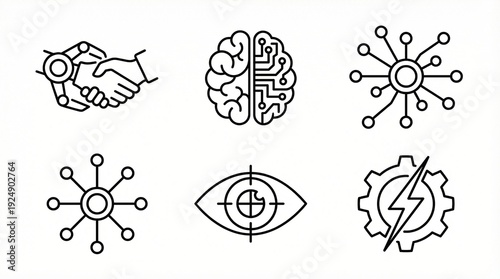 artificial intelligence, AI, machine learning, technology, business, digital transformation, icon set, line art, outline, vector, neural network, cybernetics, brain, circuit board, handshake, partners