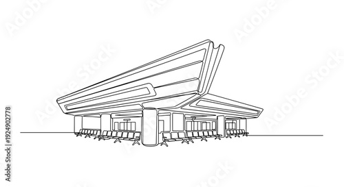 Line art modern gas station canopy with fuel pumps