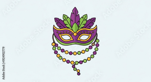 Mardi gras mask with colorful beads and feathers on light background for carnival celebration