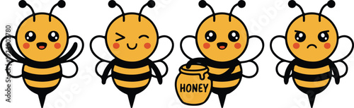 Cute Honey Bee Cartoon Icon Set  Flowers, Honey, and Smiling Insects