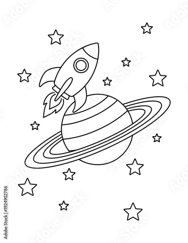  Rocket flying past a ringed planet in outer space for kids coloring book page activity