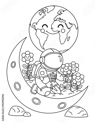  Astronaut gardening on a crescent moon for a children coloring book page activity design