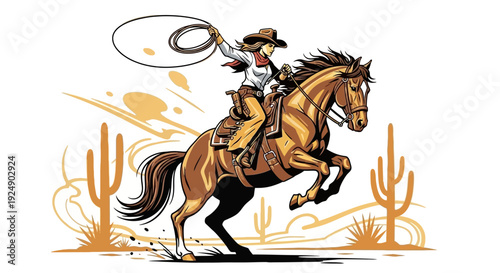 Cowgirl Riding Horse with Lasso in Desert Landscape, Western Lifestyle Illustration