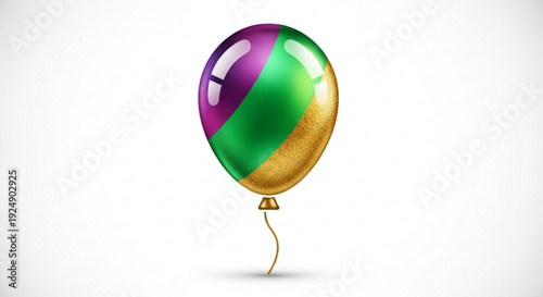 Vibrant purple green and gold striped balloon floating alone on white background with shiny reflective surface and curly golden ribbon