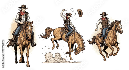 Three Cowboys on Horseback in Dynamic Poses - Western Action Illustration