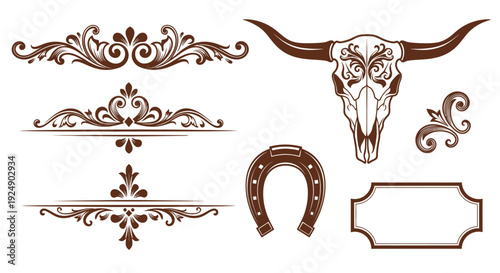 Western Ornamental Vector Graphics: Bull Skull, Horseshoe, and Flourishes