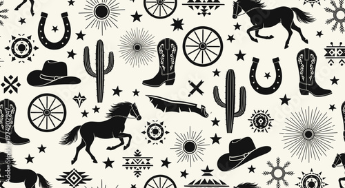 Western Cowboy Elements Seamless Pattern with Horses, Boots, Cacti, and Hats