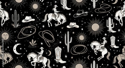 Celestial Cowboy Western Seamless Pattern with Rodeo and Desert Elements
