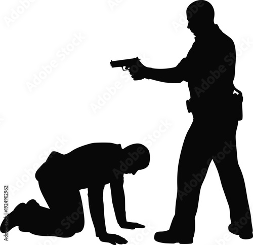 Black silhouette of armed officer pointing handgun at kneeling civilian, tense confrontation scene, use of force depiction, law enforcement, crime, social justice