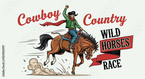 Excited Cowboy Riding a Horse with Raised Fist in Wild Horses Race