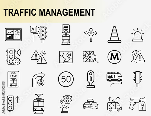 Traffic management and smart city transportation icons set, outline symbols for road safety navigation bus lane control and urban infrastructure vector illustration