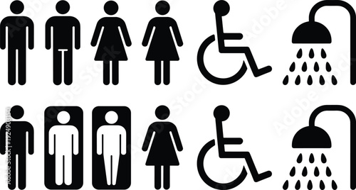Black silhouette pictogram set of restroom and shower facility icons, male, female, accessible, hygiene, public signage, vector design illustration