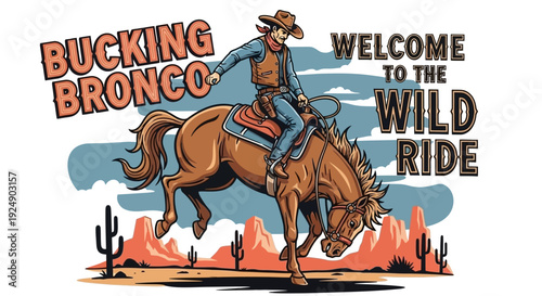 Bucking Bronco Wild Ride Cowboy Western Desert Landscape Illustration