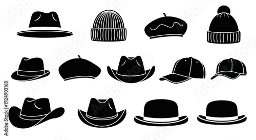 Collection of Black Hat Silhouettes: Fedora, Beanie, Beret, Cowboy, Baseball, and Bowler Hats