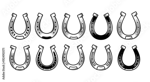 Collection of Horseshoe Illustrations, Various Styles, Black and White Vector Art