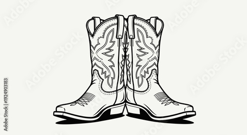 Classic Black and White Illustration of Cowboy Boots Standing Together