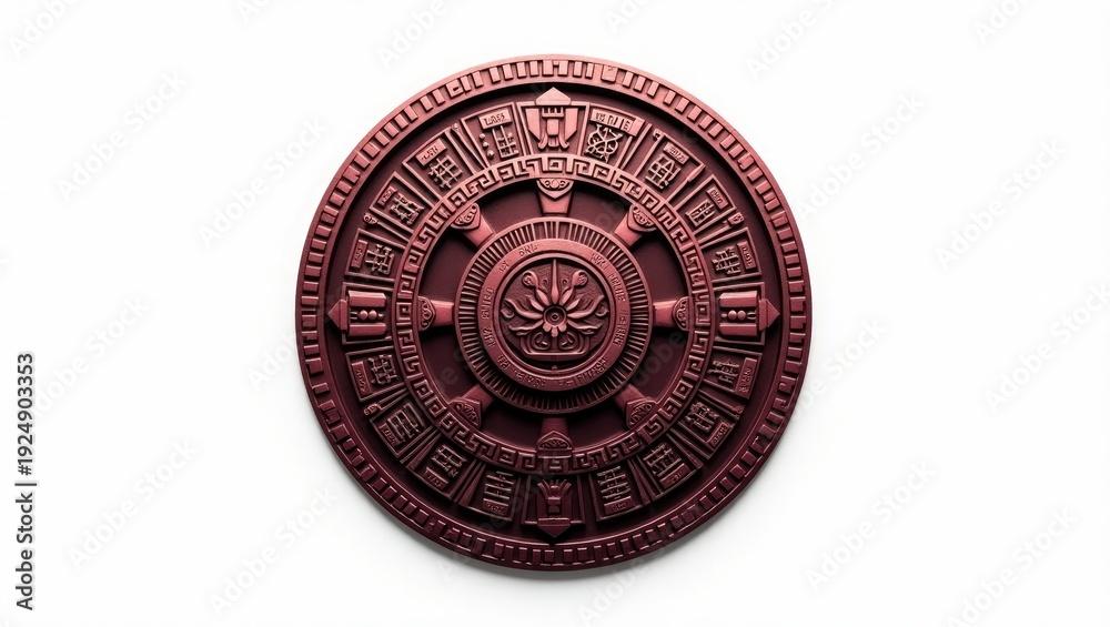 Fototapeta premium A detailed, close-up view of a circular, ornate, reddish-brown relief sculpture with a central floral design.