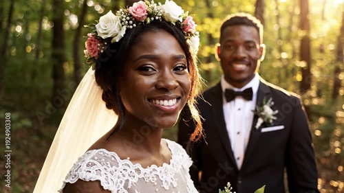 Black bride and groom smiling happily outdoors on their wedding day in a sun-drenched forest