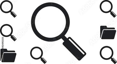 A collection of magnifying glass and folder icons on a white background
