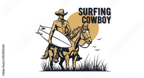 Surfing Cowboy Riding Horse with Surfboard at Sunset with Grass and Birds