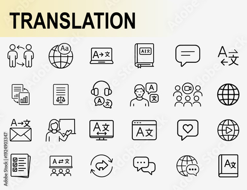 Translation and multilingual communication icons set, outline symbols for global language learning dictionary speech interpreter and online education vector illustration