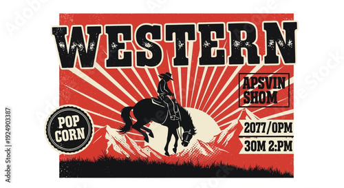 Vintage Western Movie Poster with Cowboy on Horseback and Mountains