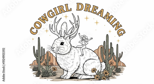Whimsical Cowgirl Dreaming Illustration with Rabbit, Antlers, and Desert Scenery