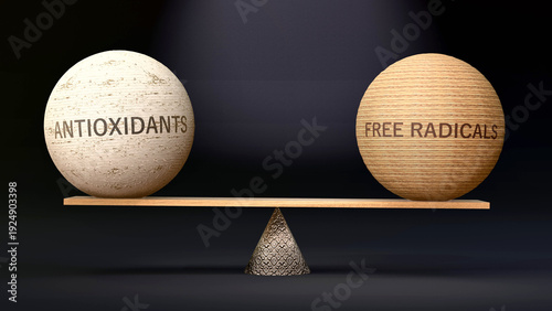 Free Radicals and antioxidants in balance - balancing stones on a scale symbolizing harmony, equity and equilibrium between antioxidants and free radicals.  ,3d illustration