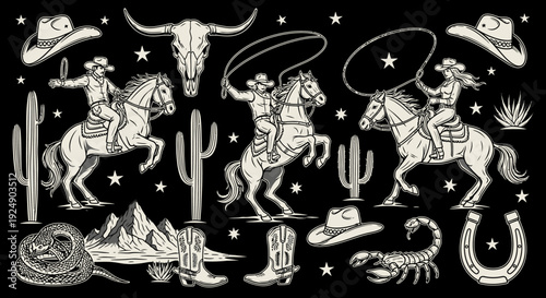 Western Cowboy Rodeo Theme Illustration with Horses, Cactus, and Bull Skull