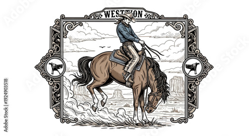 Vintage Cowboy Riding Bucking Horse in Desert Landscape with Ornate Border