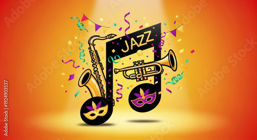 Jazz music instruments with masks and confetti on orange background for mardi gras celebration