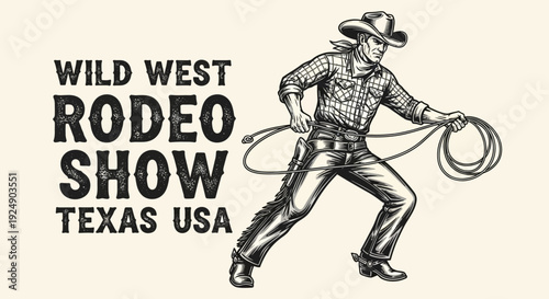 Wild West Rodeo Show Cowboy with Lasso in Texas USA Vintage Illustration