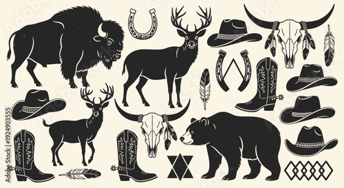 Wild West Silhouette Collection: Buffalo, Deer, Bear, Cowboy Boots, Hats, and Skulls
