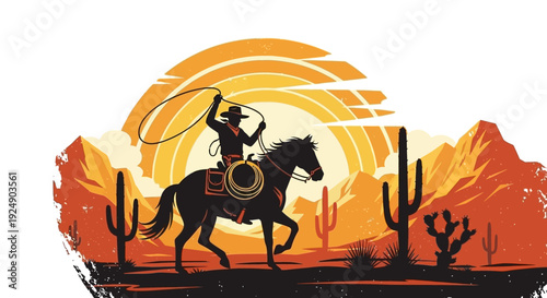 Silhouette of Cowboy Riding Horse with Lasso in Desert Sunset Landscape