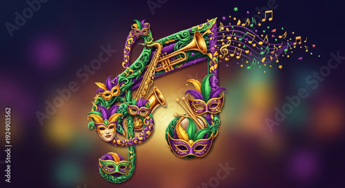 Vibrant mardi gras jazz instrument with colorful masks and musical notes on dark background