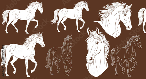 Collection of Elegant Horse Outlines in Various Poses on a Brown Background
