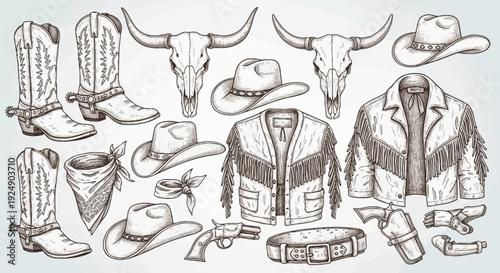 Wild West Collection: Cowboy Boots, Hats, and Western Accessories Illustration