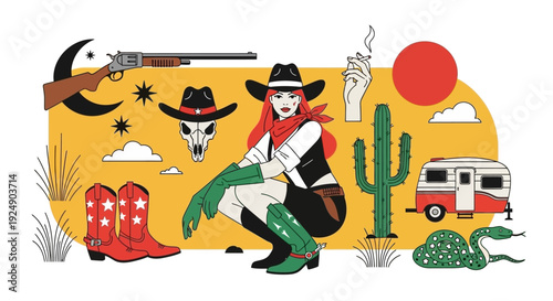 Retro Western Scene with Cowboy Woman, Boots, Cactus, and Trailer