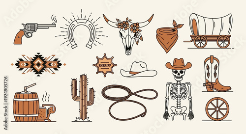 Western Style Icons: Cowboy Gear, Desert Elements, and Vintage Illustrations
