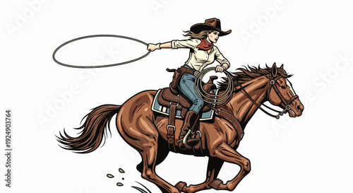 Cowgirl Riding Horse and Throwing Lasso in Western Style Illustration