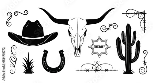 Wild West Cowboy Iconography Collection: Skull, Hat, Cactus, Sheriff Badge and Horseshoe