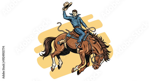 Wild West Cowboy Riding a Bucking Horse, Energetic Rodeo Action Illustration