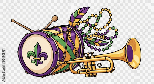 Mardi gras music instruments with beads and feathers festive purple green gold carnival celebration