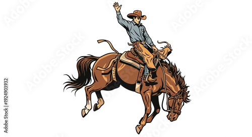 Vector Illustration of a Cowboy Riding a Bucking Horse in a Rodeo Arena
