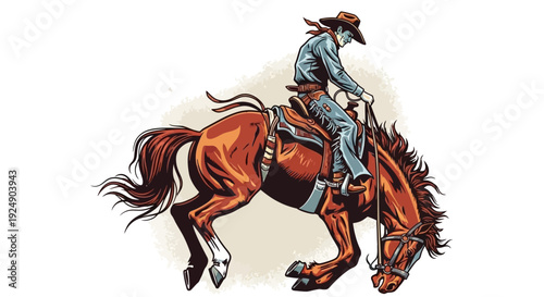 Retro Cowboy Riding a Bucking Bronco Horse in Dynamic Action Pose