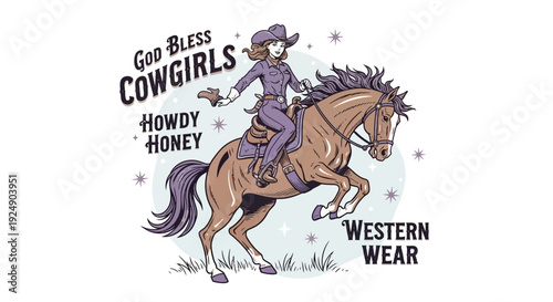 God Bless Cowgirls Western Wear: Retro Illustration of a Woman Riding a Horse
