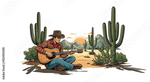 Cowboy Playing Guitar in Desert Landscape with Cacti and Mountains at Sunset