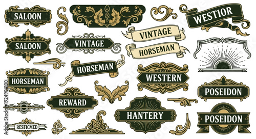 Vintage Western Ornamental Badges and Banners Collection with Ornate Flourishes