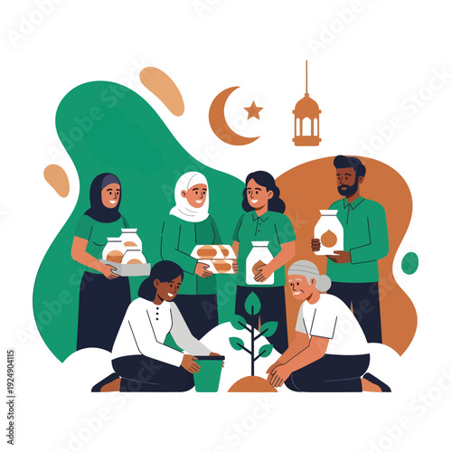 Ramadan Family Gathering and Community Sharing Illustration for Islamic Charity and CSR Campaign